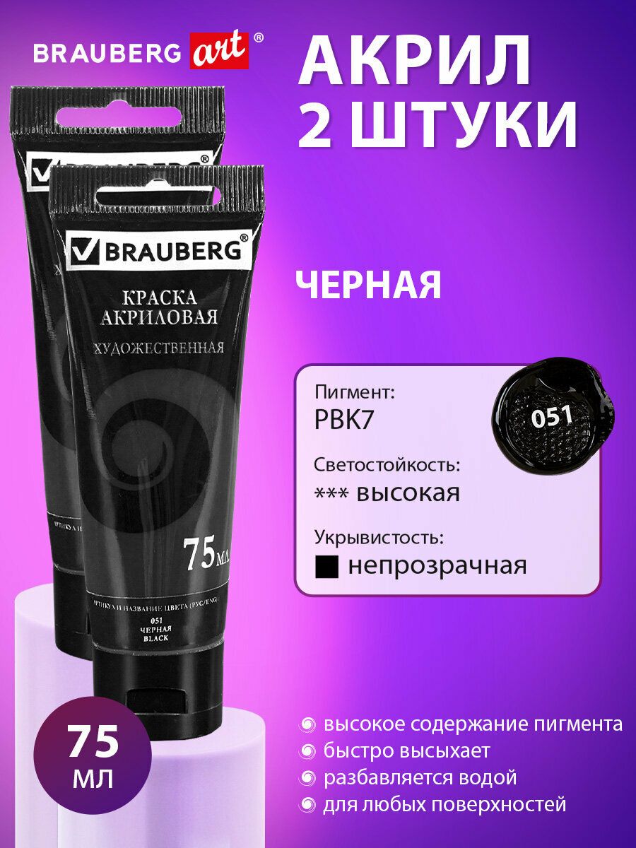 Акриловыекраскихудожественныечерныематовыеакрилнабор2штукидлярисованияпохолсту,деревупо75млвтюбиках,BraubergArt