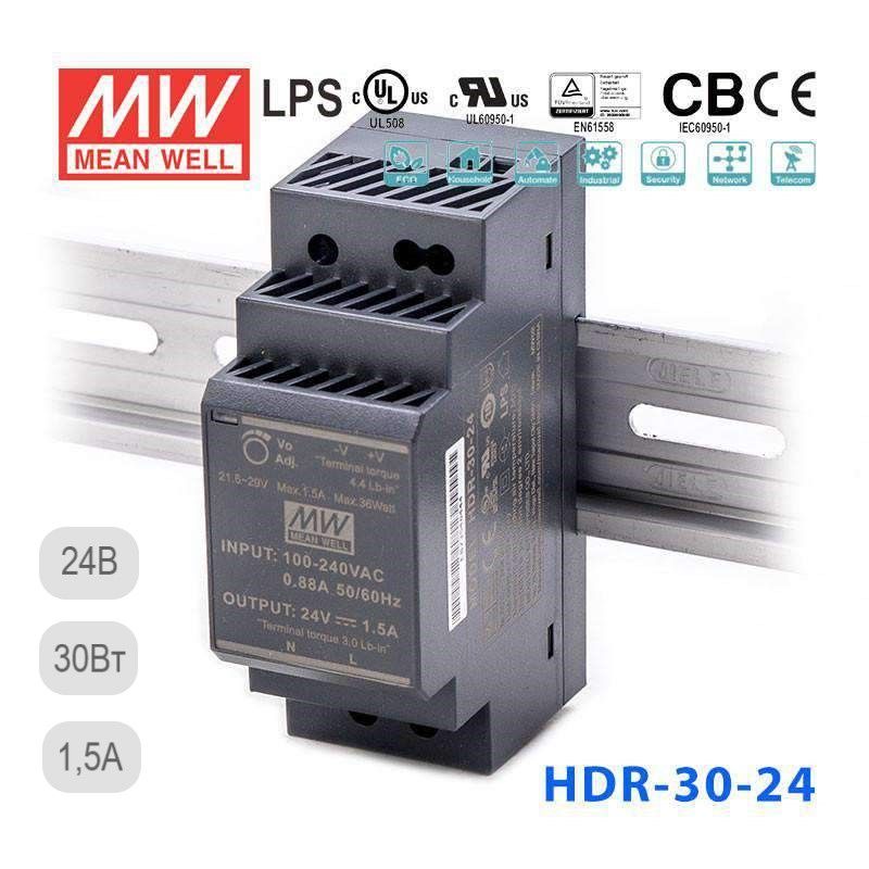 БлокпитанияHDR-30-24MEANWELLнаDIN-рейку,AC/DC36Вт24В1,5А