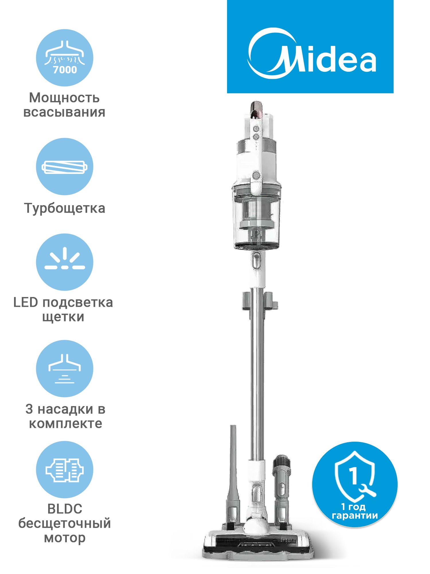 БеспроводнойвертикальныйпылесосMideaVSS1800,3насадки,стойкадляхранения,турбо-режим,LEDподсветка,фильтрациявоздуха,белый